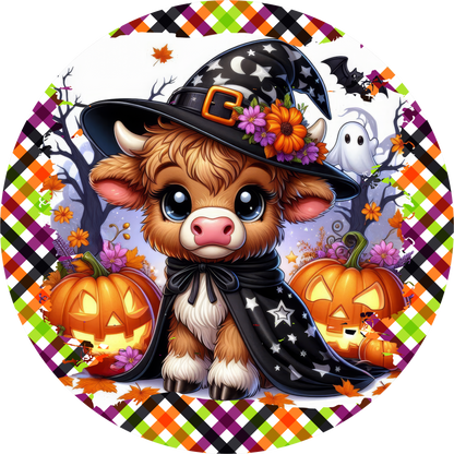Cute Highland Cow Witch Hat Cauldron Colorful Plaid Halloween Wreath Sign