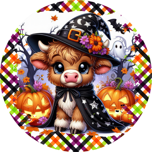 Cute Highland Cow Witch Hat Cauldron Colorful Plaid Halloween Wreath Sign