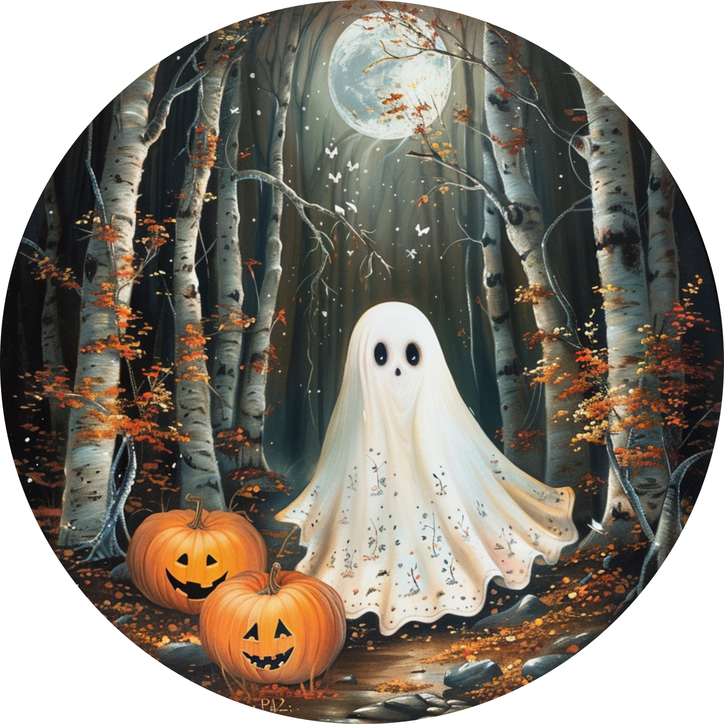 Ghost Autumn Forest Pumpkin Moonlight Halloween Wreath Sign