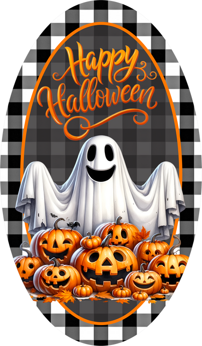 Happy Halloween Ghost Jack O Lantern Buffalo Plaid Wreath Sign