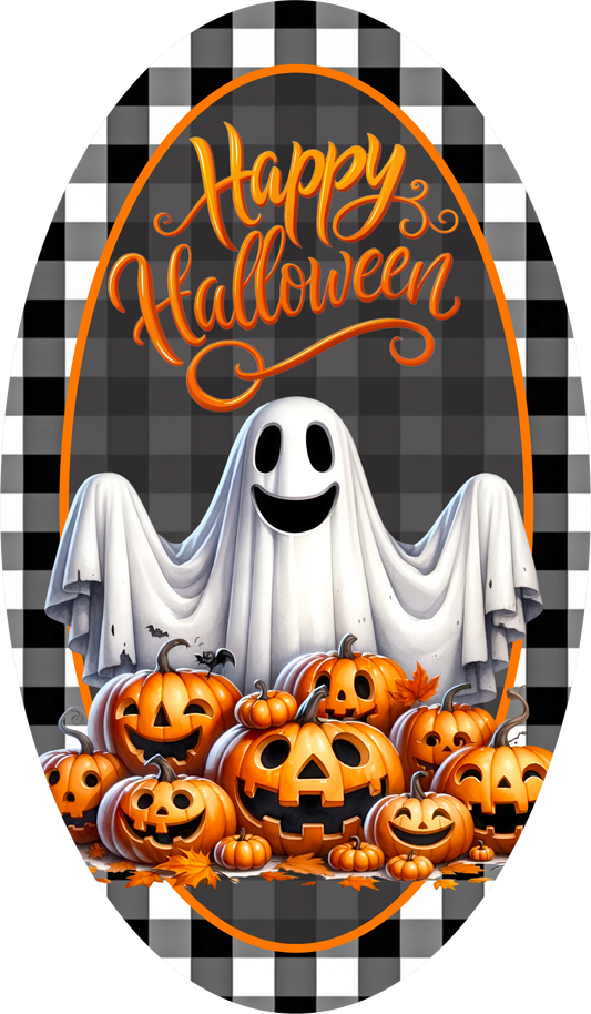 Happy Halloween Ghost Jack O Lantern Buffalo Plaid Wreath Sign