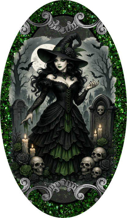 Gothic Witch Graveyard Skulls Moon Green Glitter Halloween Wreath Sign