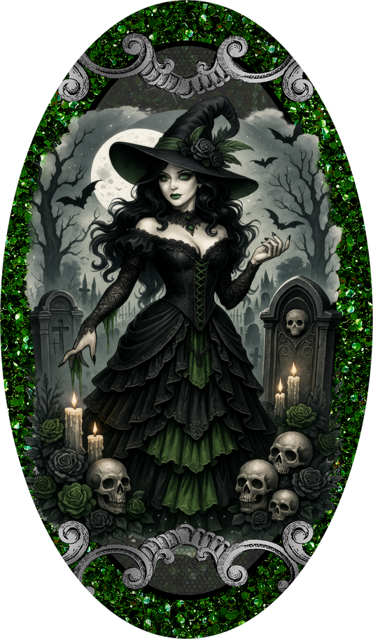 Gothic Witch Graveyard Skulls Moon Green Glitter Halloween Wreath Sign