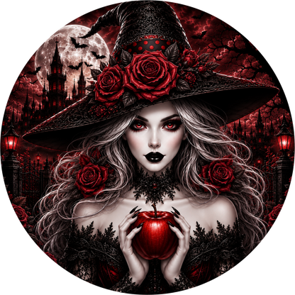 Gothic Witch Red Rose Poison Apple Castle Halloween Wreath Sign