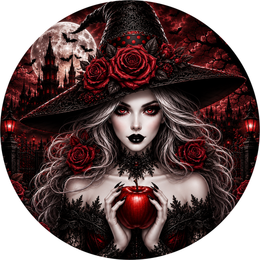 Gothic Witch Red Rose Poison Apple Castle Halloween Wreath Sign