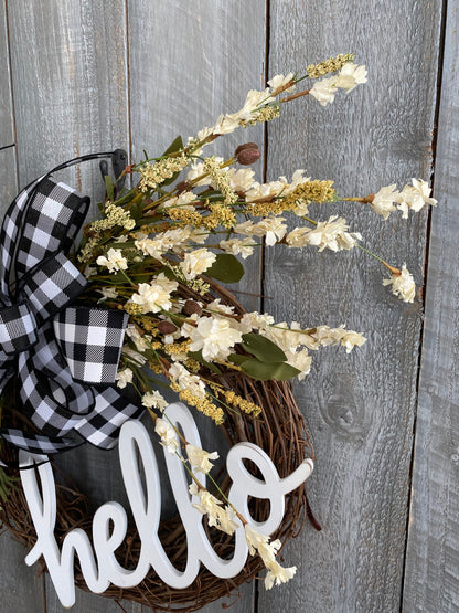 Hello Black and White Buffalo Check Grapevine Wreath, Farmhouse Grapevine Wreath For Front Door, Everyday Rustic Welcome Wreath