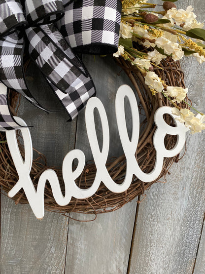 Hello Black and White Buffalo Check Grapevine Wreath, Farmhouse Grapevine Wreath For Front Door, Everyday Rustic Welcome Wreath