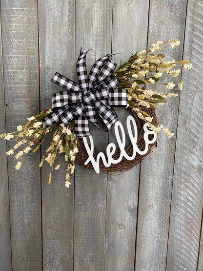 Hello Black and White Buffalo Check Grapevine Wreath, Farmhouse Grapevine Wreath For Front Door, Everyday Rustic Welcome Wreath