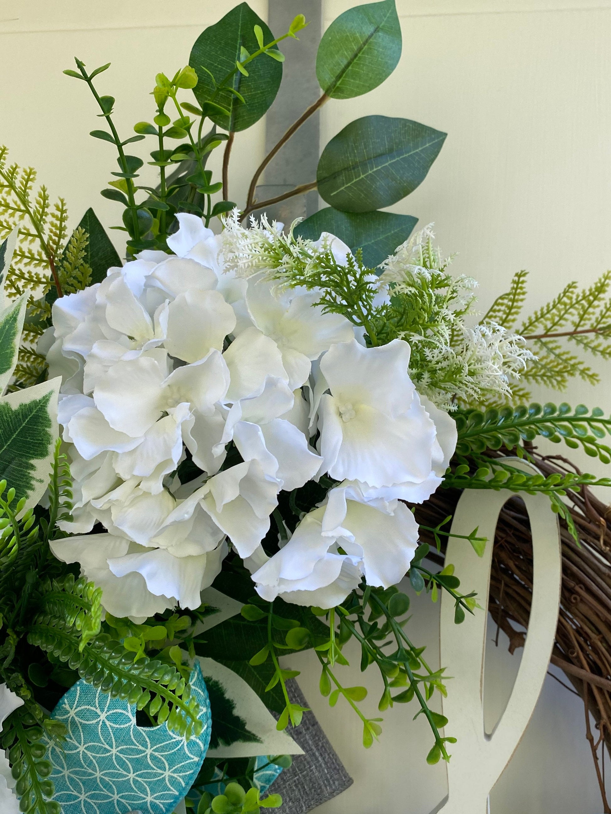 Every Day Wreath for Front Door, Blue Gray and White Hydrangea Wreath with Hi Sign,