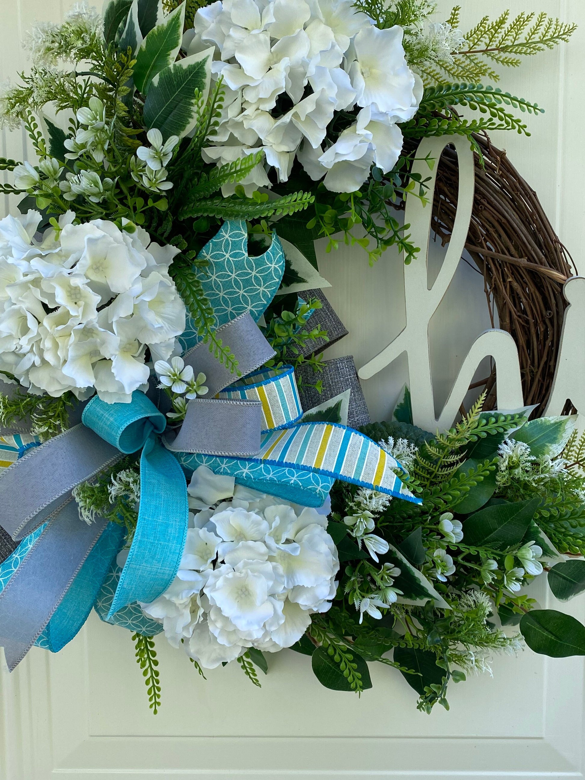 Every Day Wreath for Front Door, Blue Gray and White Hydrangea Wreath with Hi Sign,