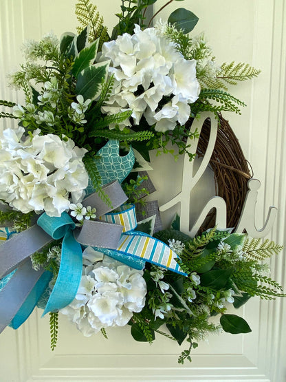 Every Day Wreath for Front Door, Blue Gray and White Hydrangea Wreath with Hi Sign,