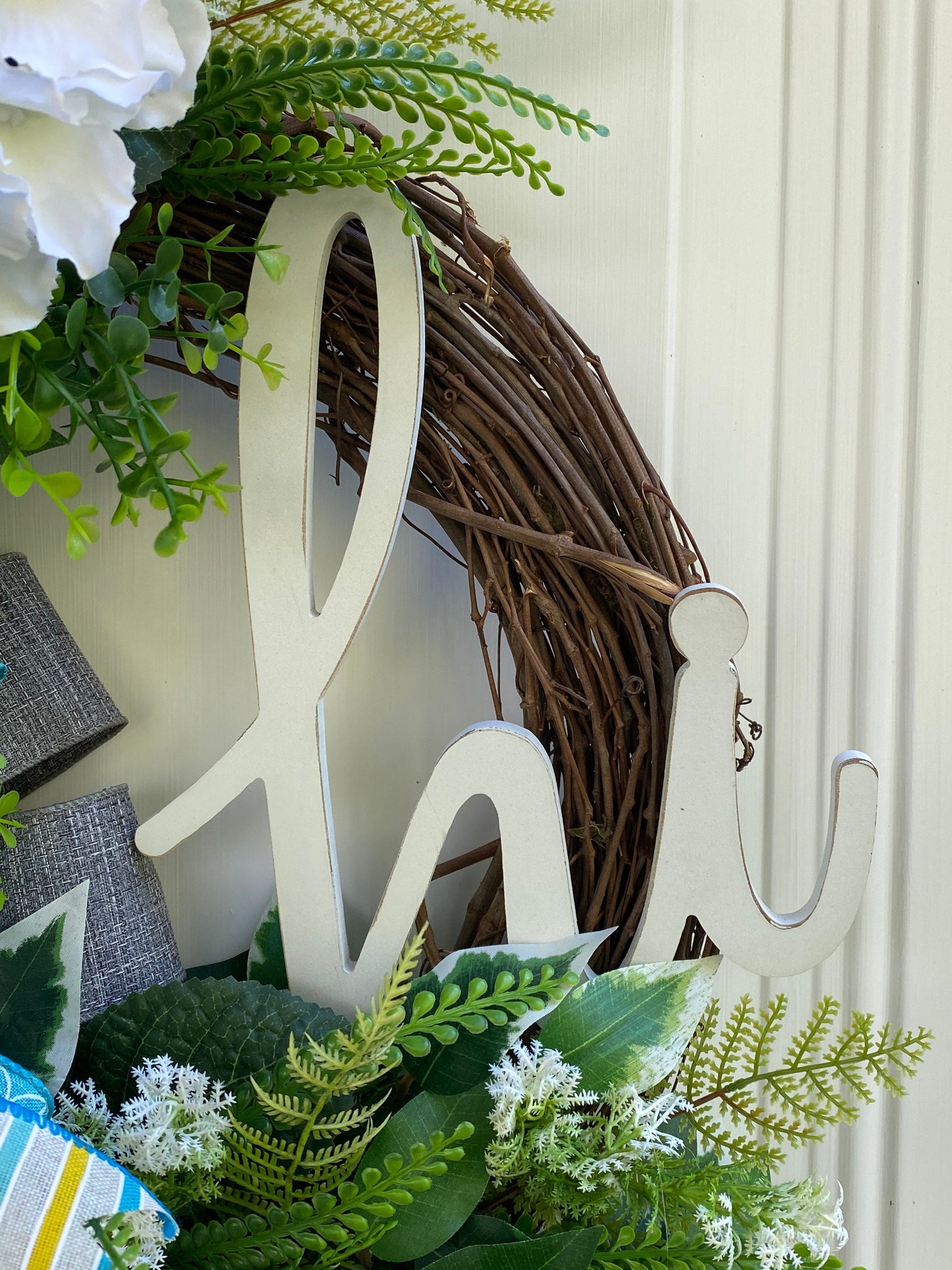 Every Day Wreath for Front Door, Blue Gray and White Hydrangea Wreath with Hi Sign,