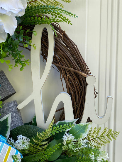 Every Day Wreath for Front Door, Blue Gray and White Hydrangea Wreath with Hi Sign,