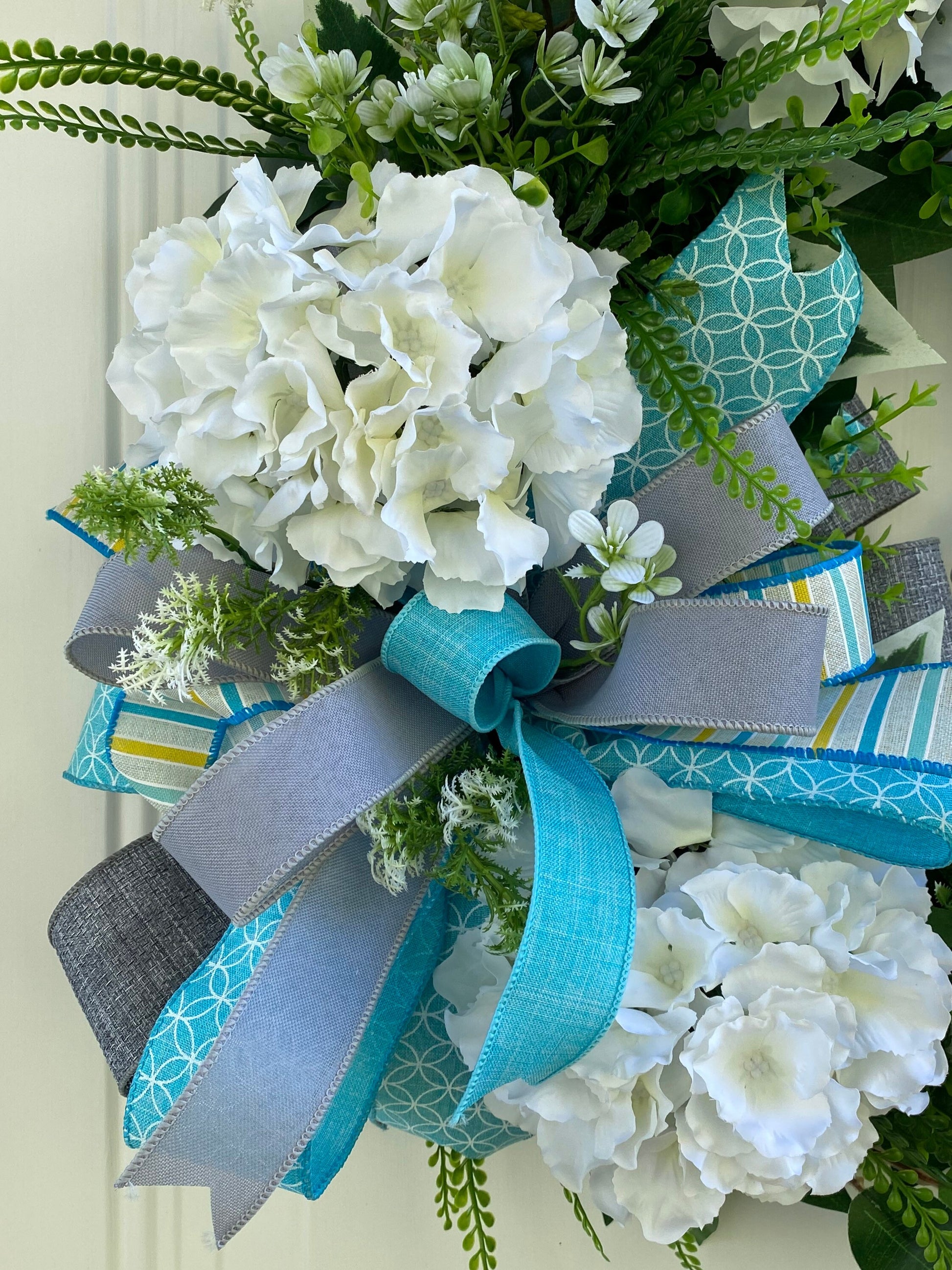Every Day Wreath for Front Door, Blue Gray and White Hydrangea Wreath with Hi Sign,