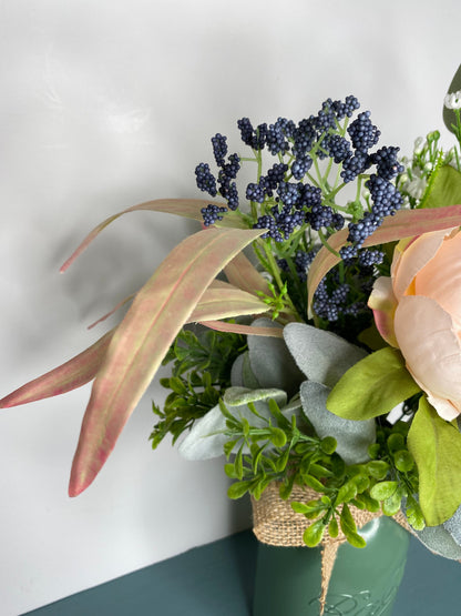 Rustic Mason Jar Floral Arrangement, Blush Peony and Lambs Ear Year Round Floral Centerpiece, Kitchen Counter Farmhouse Decoration