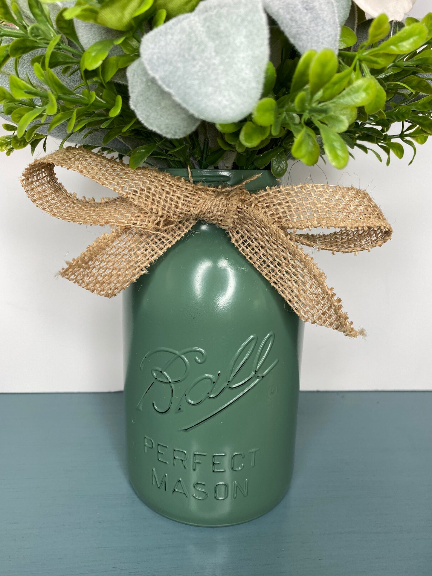 Rustic Mason Jar Floral Arrangement, Blush Peony and Lambs Ear Year Round Floral Centerpiece, Kitchen Counter Farmhouse Decoration