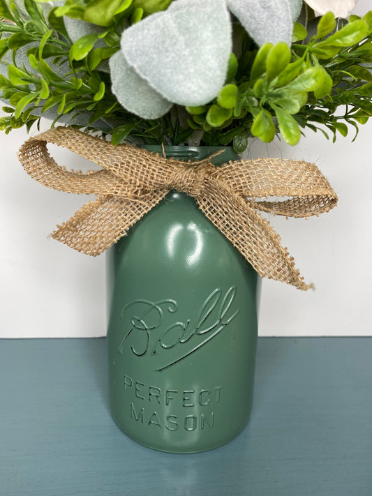 Rustic Mason Jar Floral Arrangement, Blush Peony and Lambs Ear Year Round Floral Centerpiece, Kitchen Counter Farmhouse Decoration