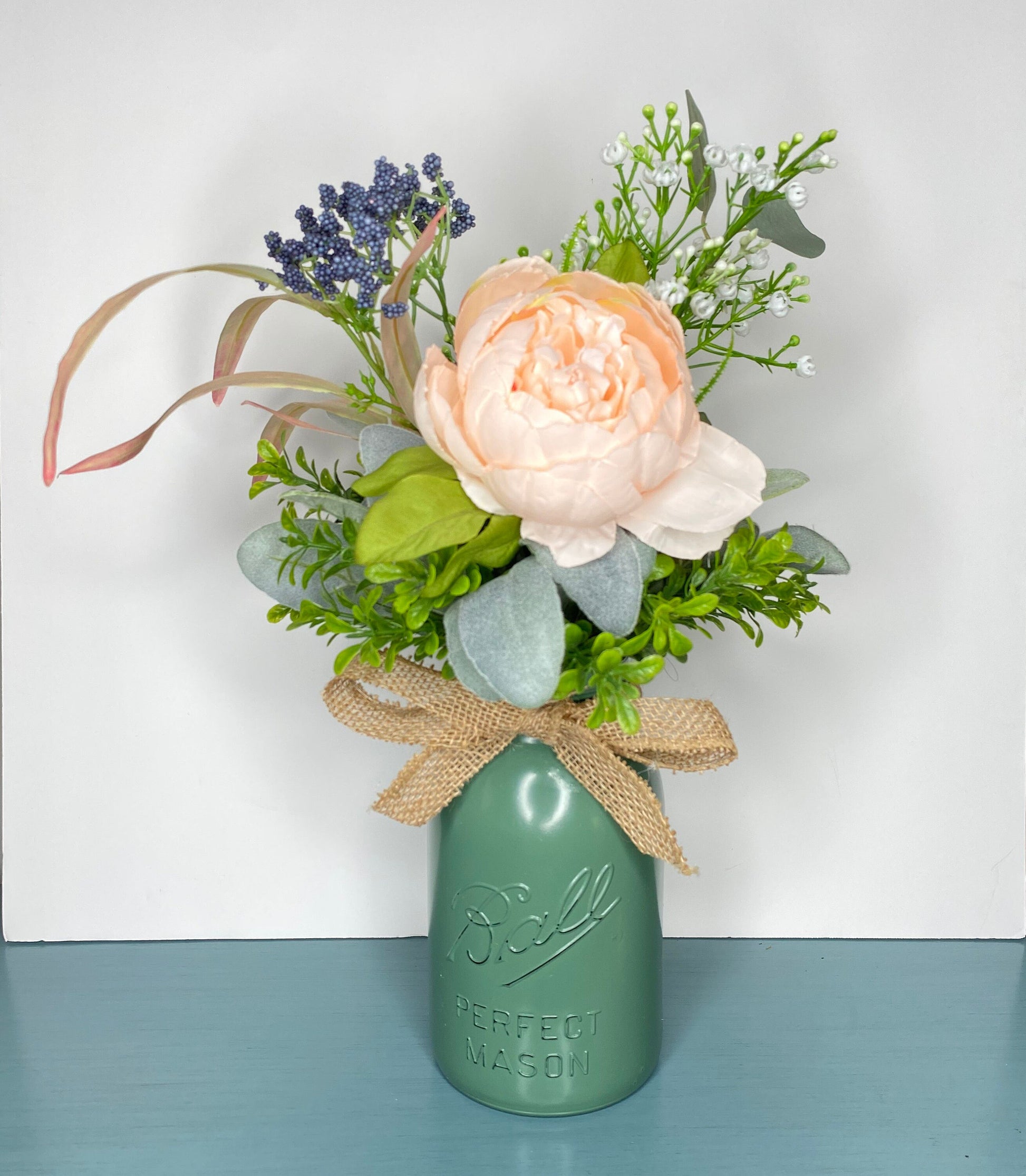 Rustic Mason Jar Floral Arrangement, Blush Peony and Lambs Ear Year Round Floral Centerpiece, Kitchen Counter Farmhouse Decoration