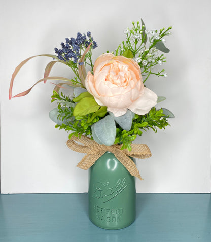 Rustic Mason Jar Floral Arrangement, Blush Peony and Lambs Ear Year Round Floral Centerpiece, Kitchen Counter Farmhouse Decoration