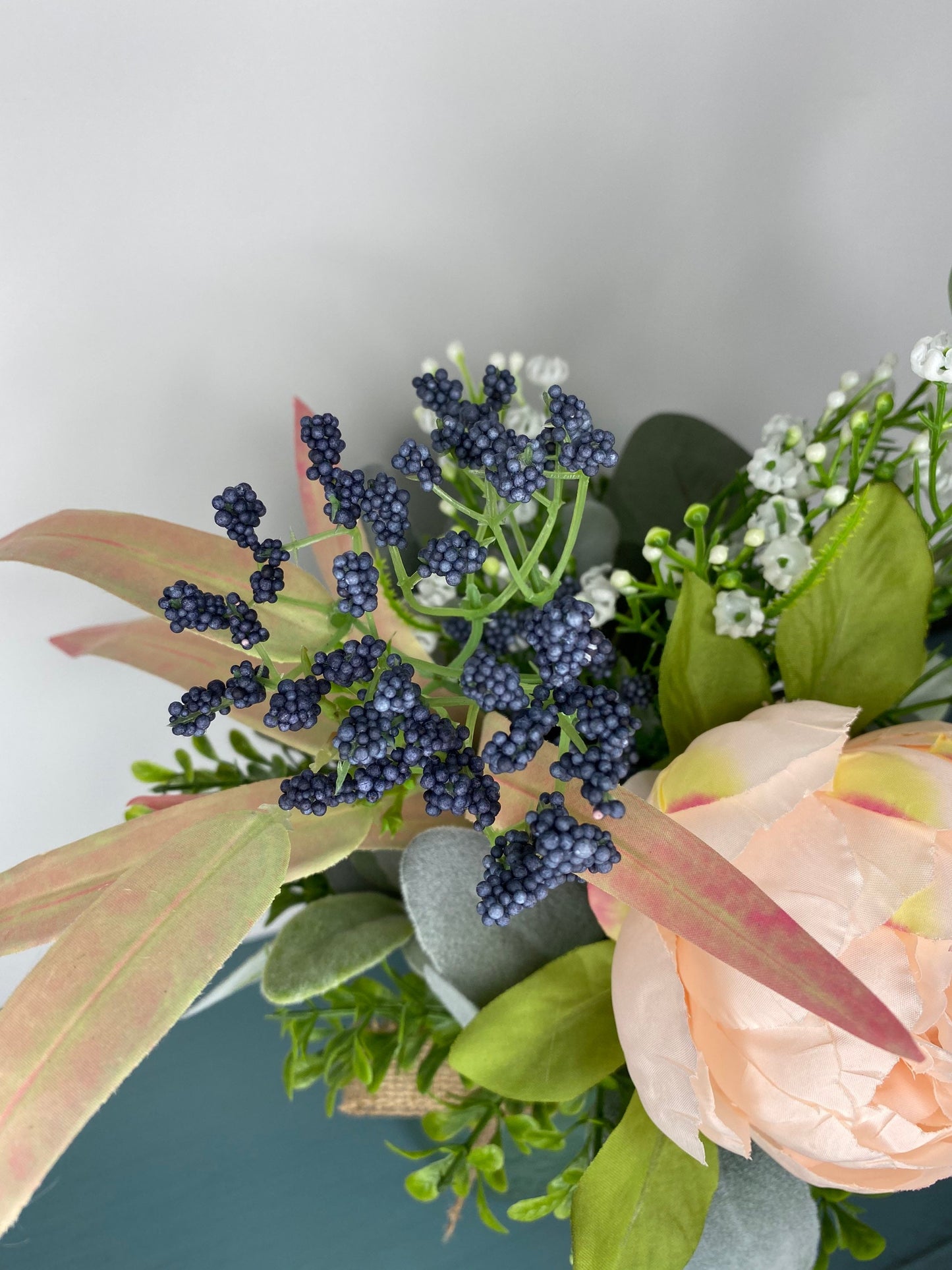 Rustic Mason Jar Floral Arrangement, Blush Peony and Lambs Ear Year Round Floral Centerpiece, Kitchen Counter Farmhouse Decoration