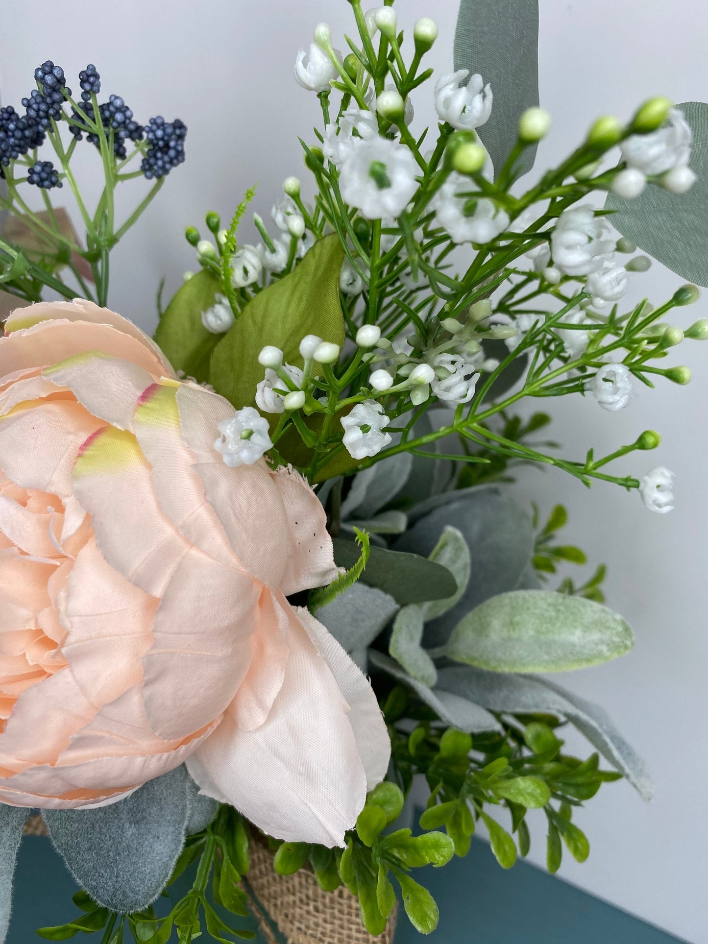 Rustic Mason Jar Floral Arrangement, Blush Peony and Lambs Ear Year Round Floral Centerpiece, Kitchen Counter Farmhouse Decoration