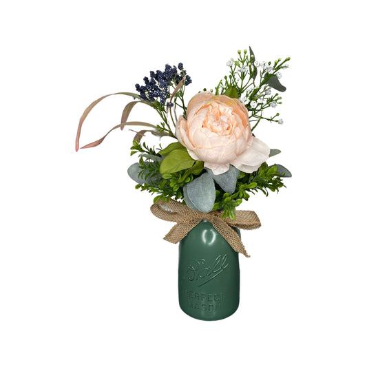 Rustic Mason Jar Floral Arrangement, Blush Peony and Lambs Ear Year Round Floral Centerpiece, Kitchen Counter Farmhouse Decoration