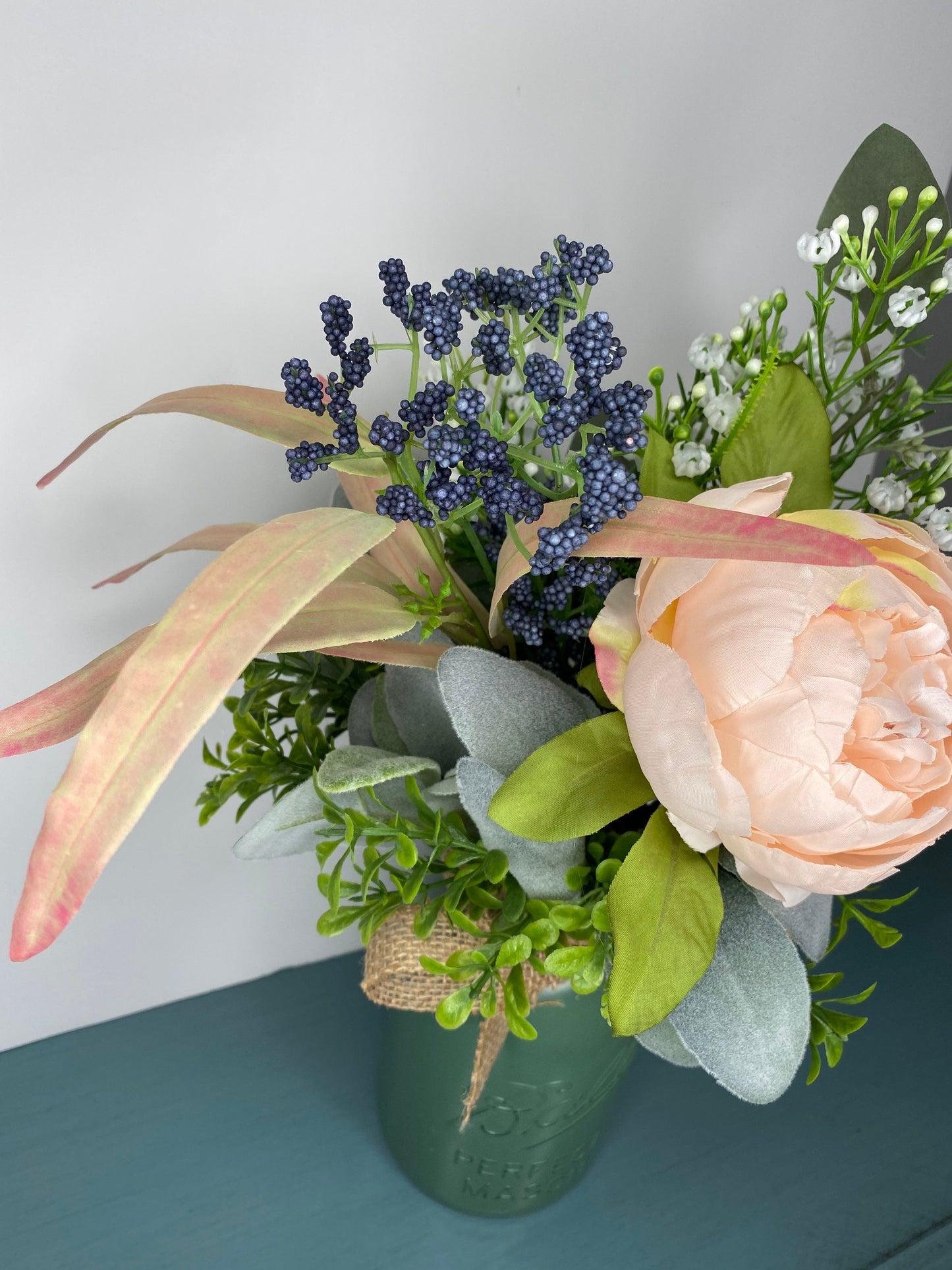 Rustic Mason Jar Floral Arrangement, Blush Peony and Lambs Ear Year Round Floral Centerpiece, Kitchen Counter Farmhouse Decoration