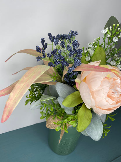 Rustic Mason Jar Floral Arrangement, Blush Peony and Lambs Ear Year Round Floral Centerpiece, Kitchen Counter Farmhouse Decoration