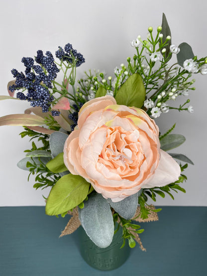 Rustic Mason Jar Floral Arrangement, Blush Peony and Lambs Ear Year Round Floral Centerpiece, Kitchen Counter Farmhouse Decoration