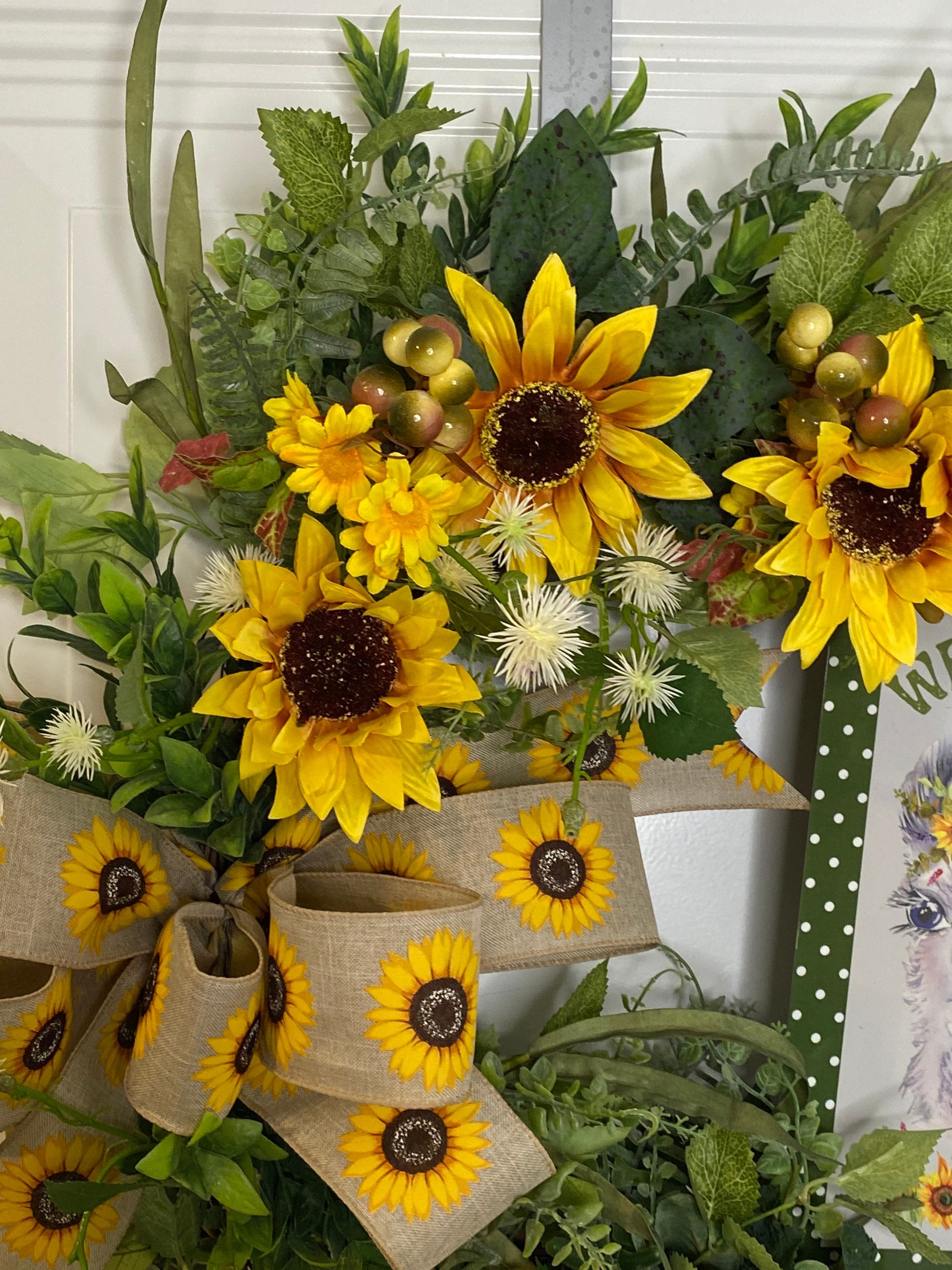 Welcome Sunflower Wreath, Llama Welcome Everyday Wreath for Front Door, Farmhouse Welcome Door Hanger, Llama Decor,