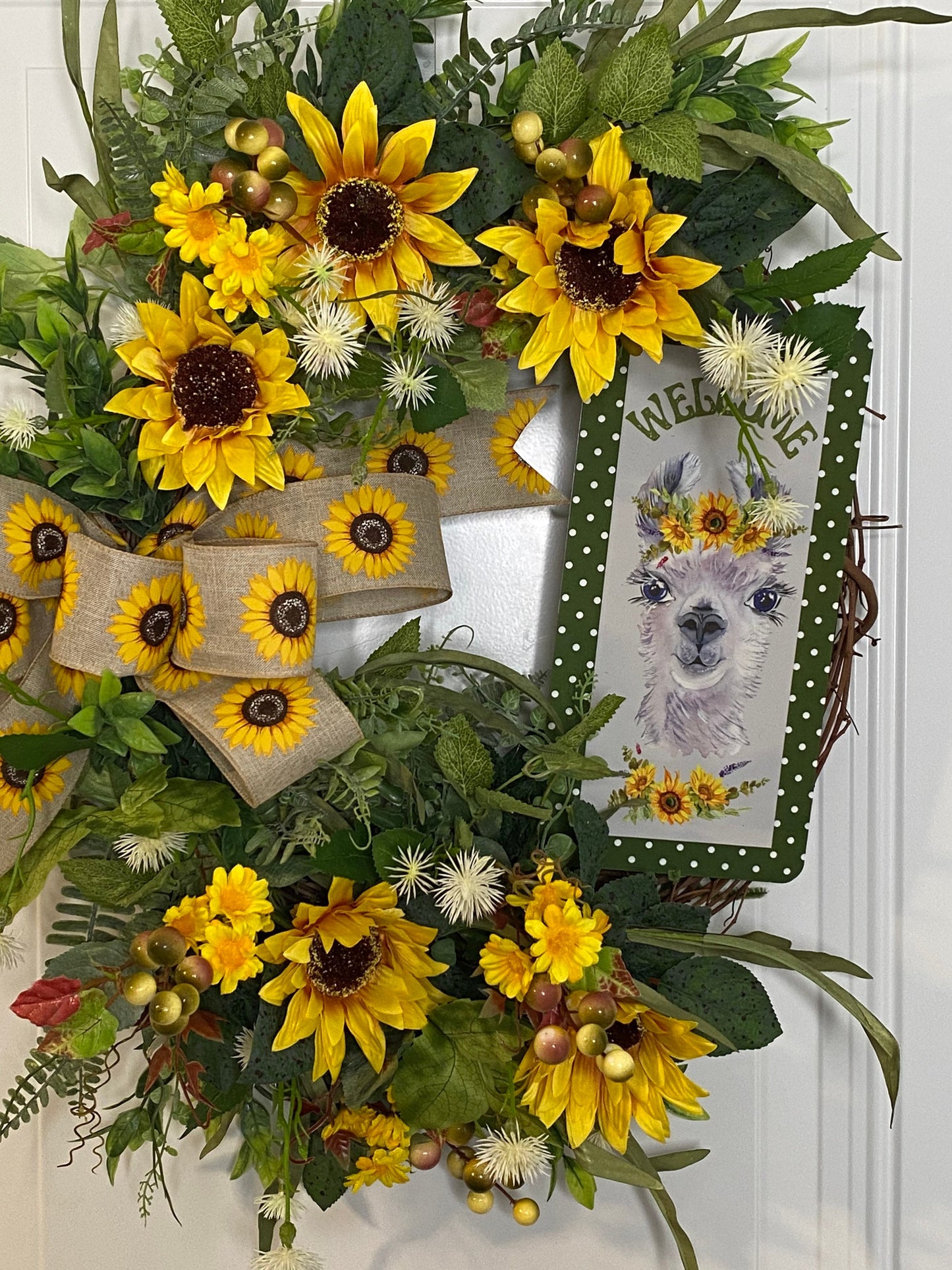 Welcome Sunflower Wreath, Llama Welcome Everyday Wreath for Front Door, Farmhouse Welcome Door Hanger, Llama Decor,