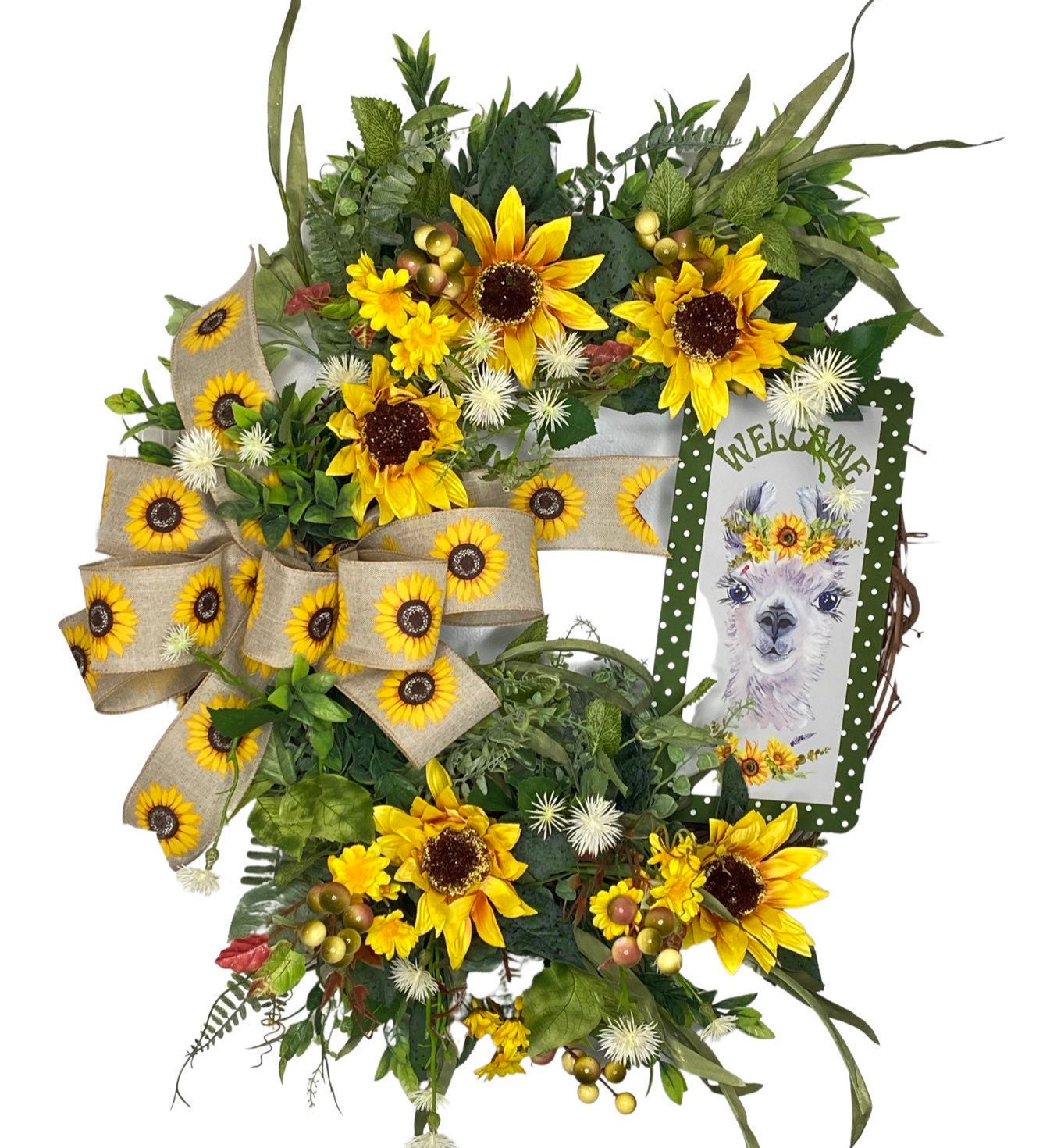 Welcome Sunflower Wreath, Llama Welcome Everyday Wreath for Front Door, Farmhouse Welcome Door Hanger, Llama Decor,