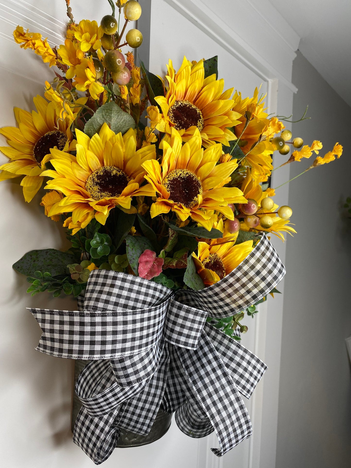 Sunflower Wreath Bucket Floral Arrangement Fall front door decor, apartment farmhouse Decor Door Basket, Housewarming gift for newlyweds