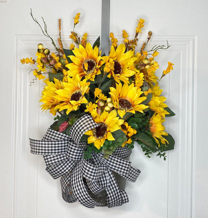 Sunflower Wreath Bucket Floral Arrangement Fall front door decor, apartment farmhouse Decor Door Basket, Housewarming gift for newlyweds