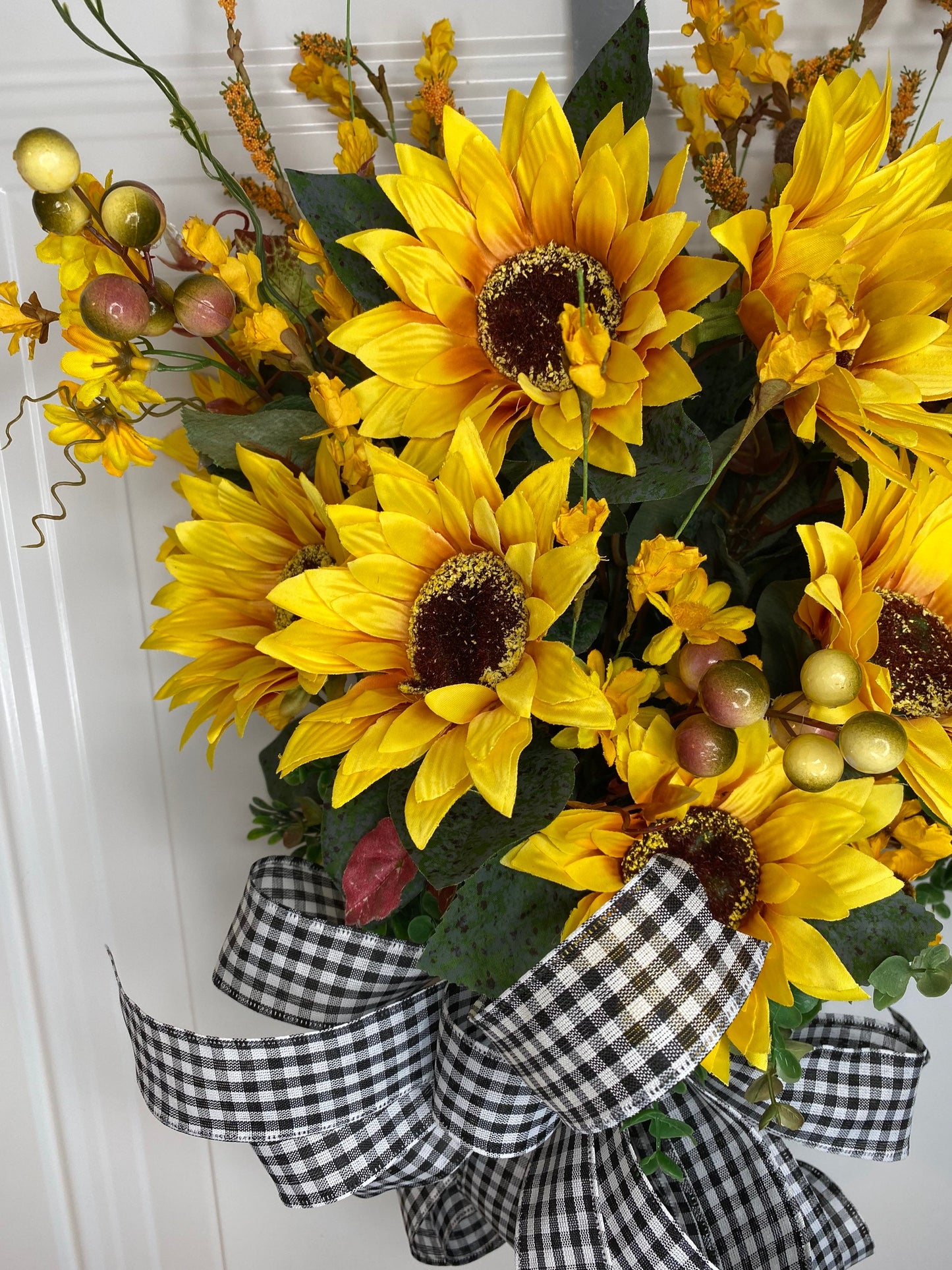 Sunflower Wreath Bucket Floral Arrangement Fall front door decor, apartment farmhouse Decor Door Basket, Housewarming gift for newlyweds