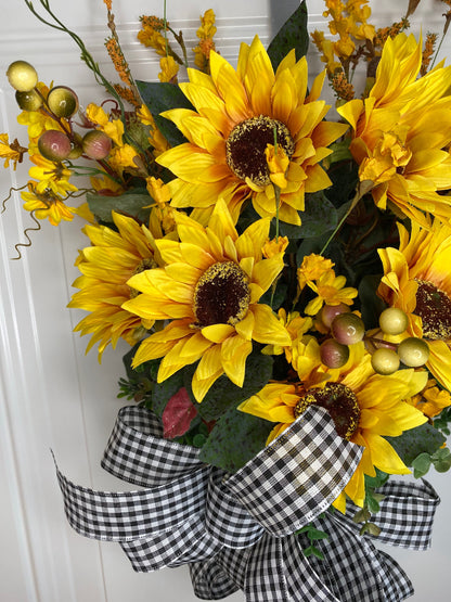 Sunflower Wreath Bucket Floral Arrangement Fall front door decor, apartment farmhouse Decor Door Basket, Housewarming gift for newlyweds