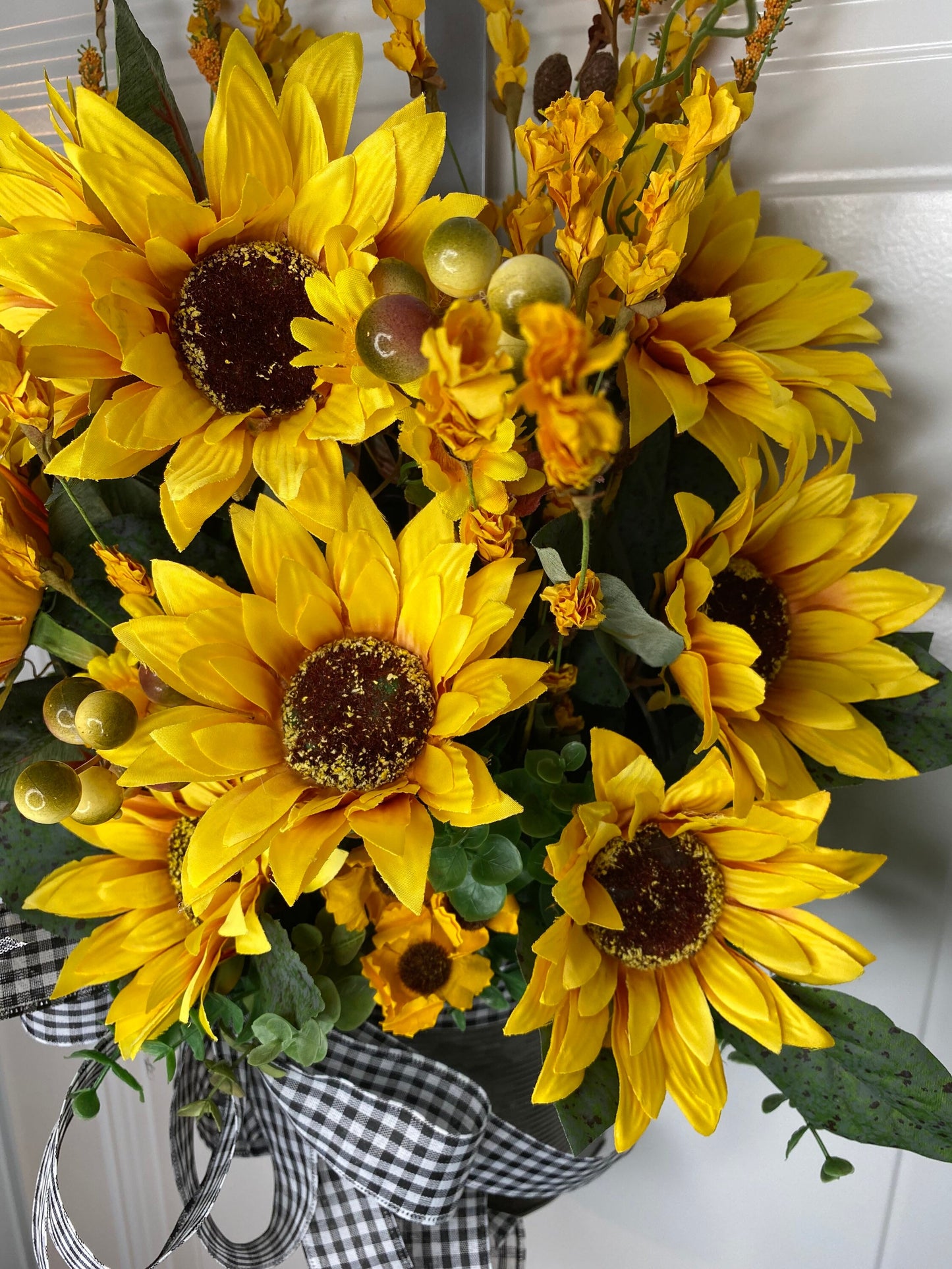 Sunflower Wreath Bucket Floral Arrangement Fall front door decor, apartment farmhouse Decor Door Basket, Housewarming gift for newlyweds