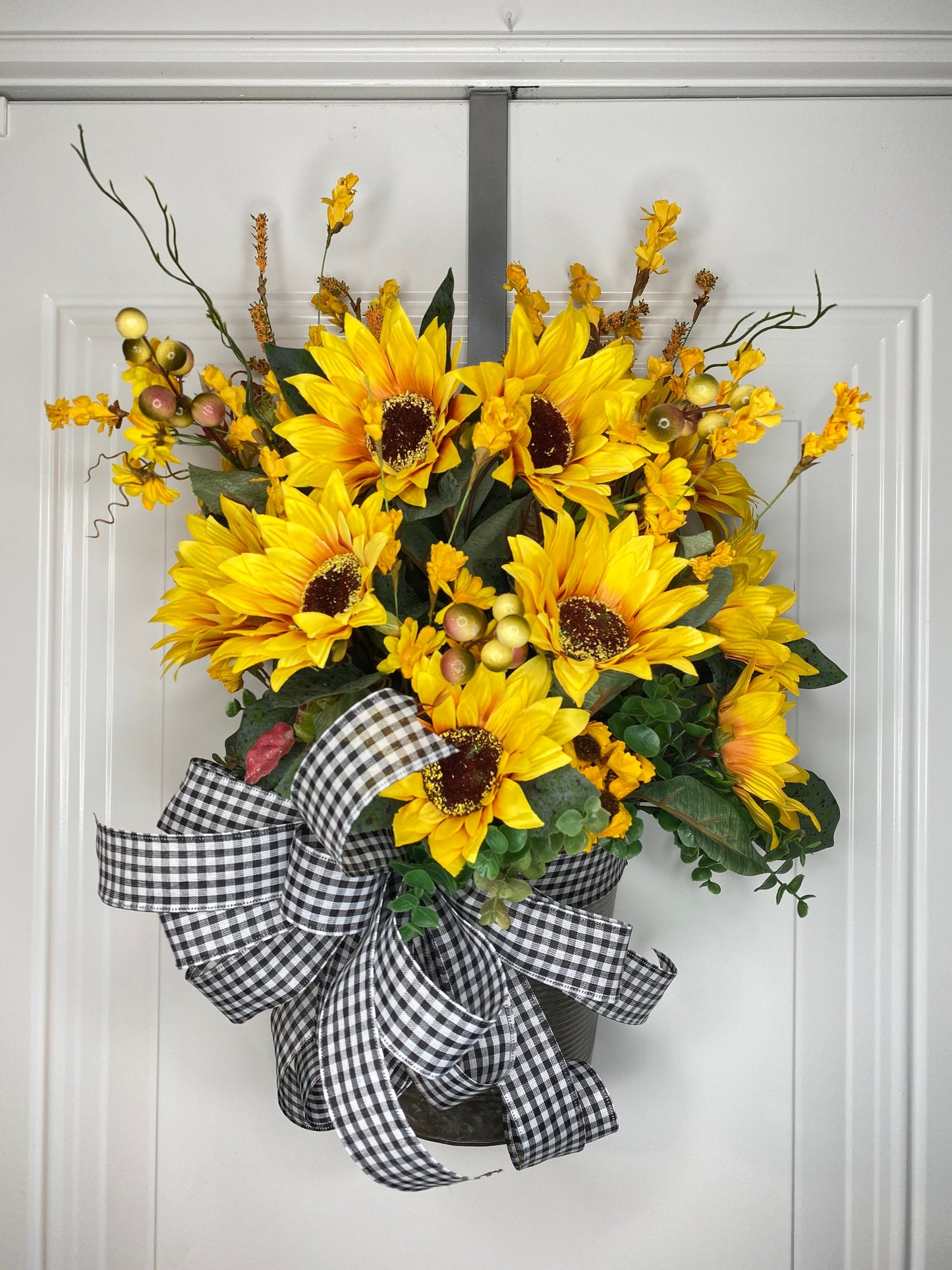 Sunflower Wreath Bucket Floral Arrangement Fall front door decor, apartment farmhouse Decor Door Basket, Housewarming gift for newlyweds