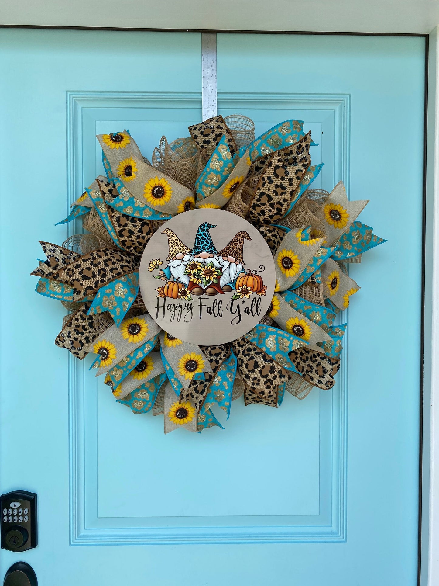 Fall Wreath for Front Door, Gnome Wreath, Fall Leopard Wreath, Autumn Sunflower Wreath, Happy Fall Y'all, Teal Aqua Outdoor Decoration