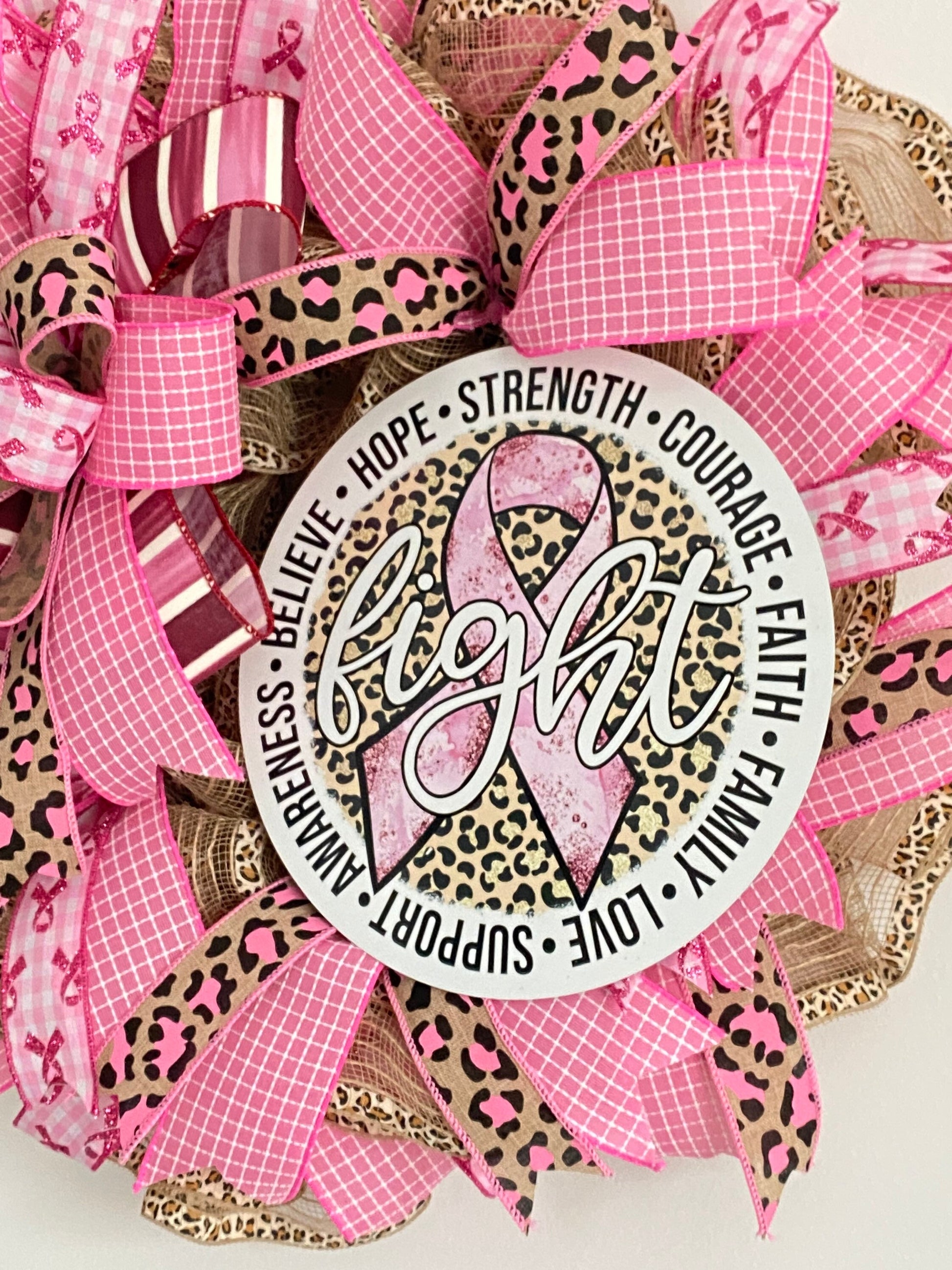 Breast Cancer Awareness Pink Wreath, Cancer Fighter Warrior Survivor Gift, Pink Cheetah Fight Cancer Hope Door Decor