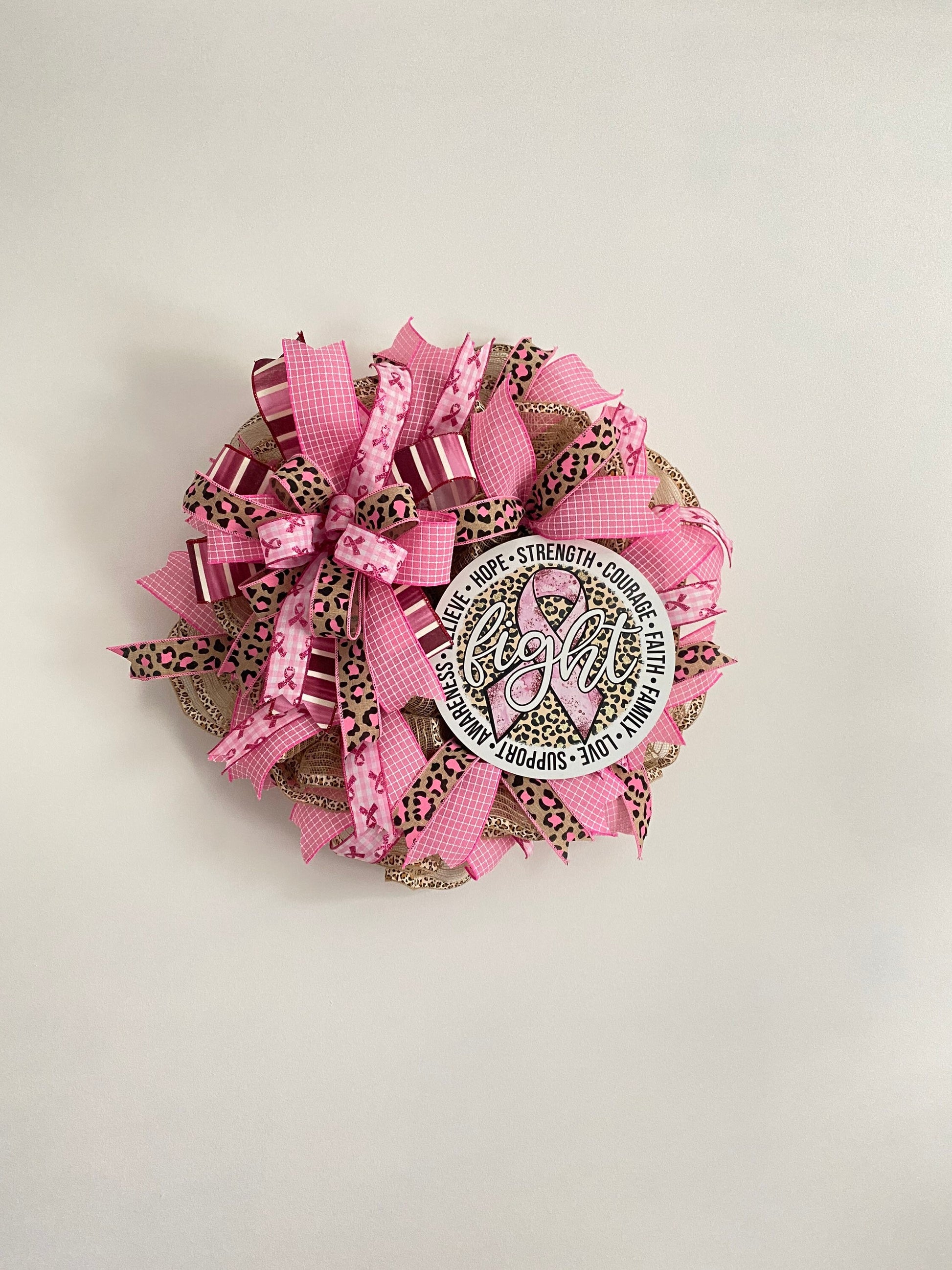 Breast Cancer Awareness Pink Wreath, Cancer Fighter Warrior Survivor Gift, Pink Cheetah Fight Cancer Hope Door Decor