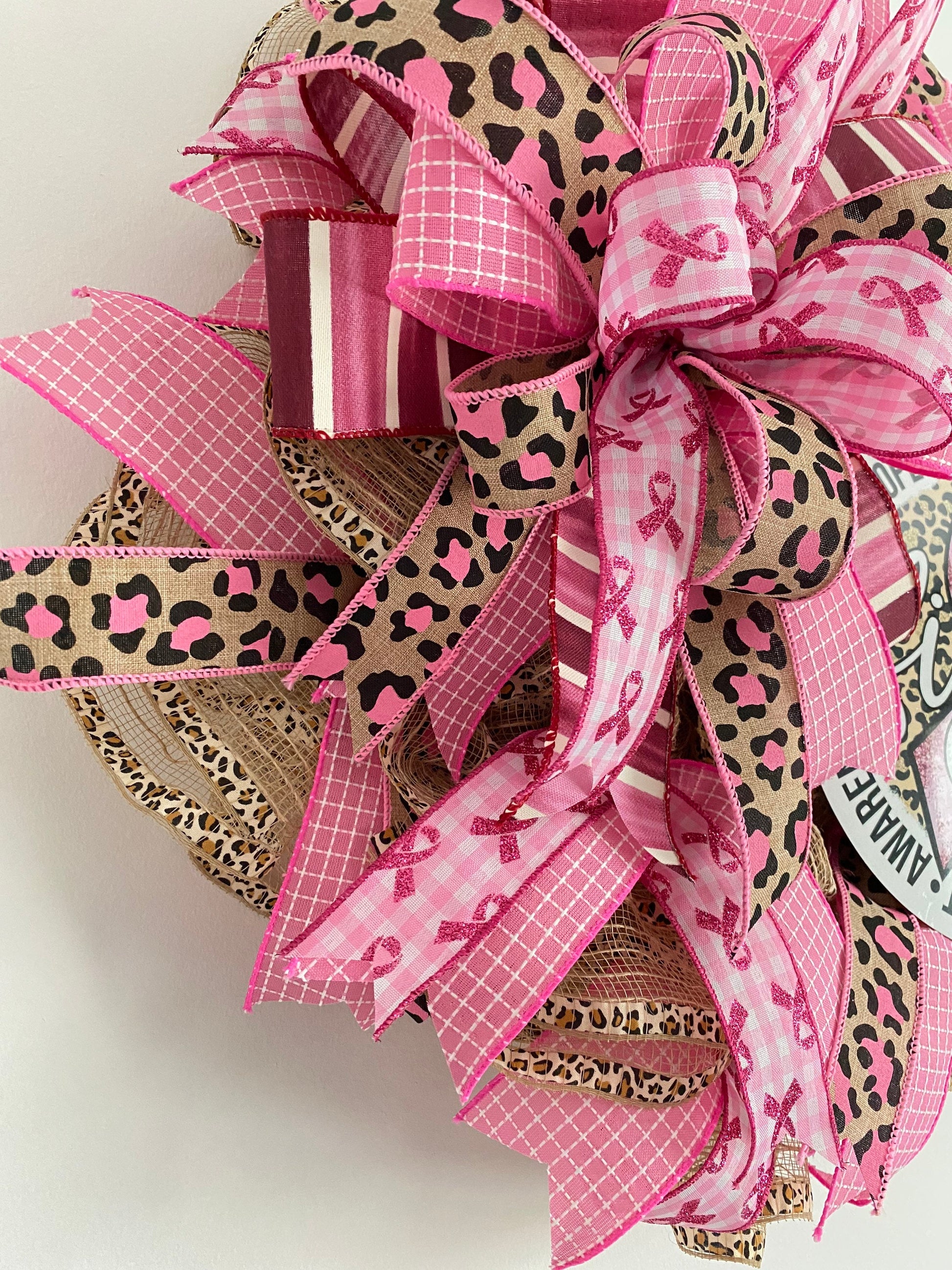 Breast Cancer Awareness Pink Wreath, Cancer Fighter Warrior Survivor Gift, Pink Cheetah Fight Cancer Hope Door Decor