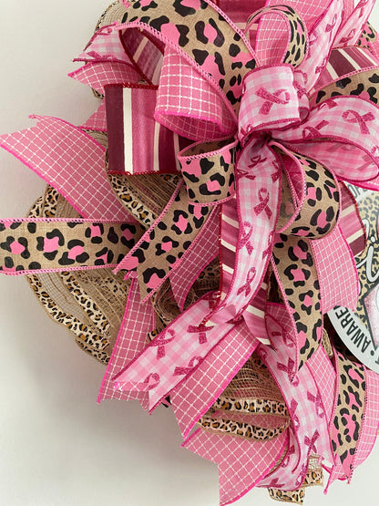 Breast Cancer Awareness Pink Wreath, Cancer Fighter Warrior Survivor Gift, Pink Cheetah Fight Cancer Hope Door Decor
