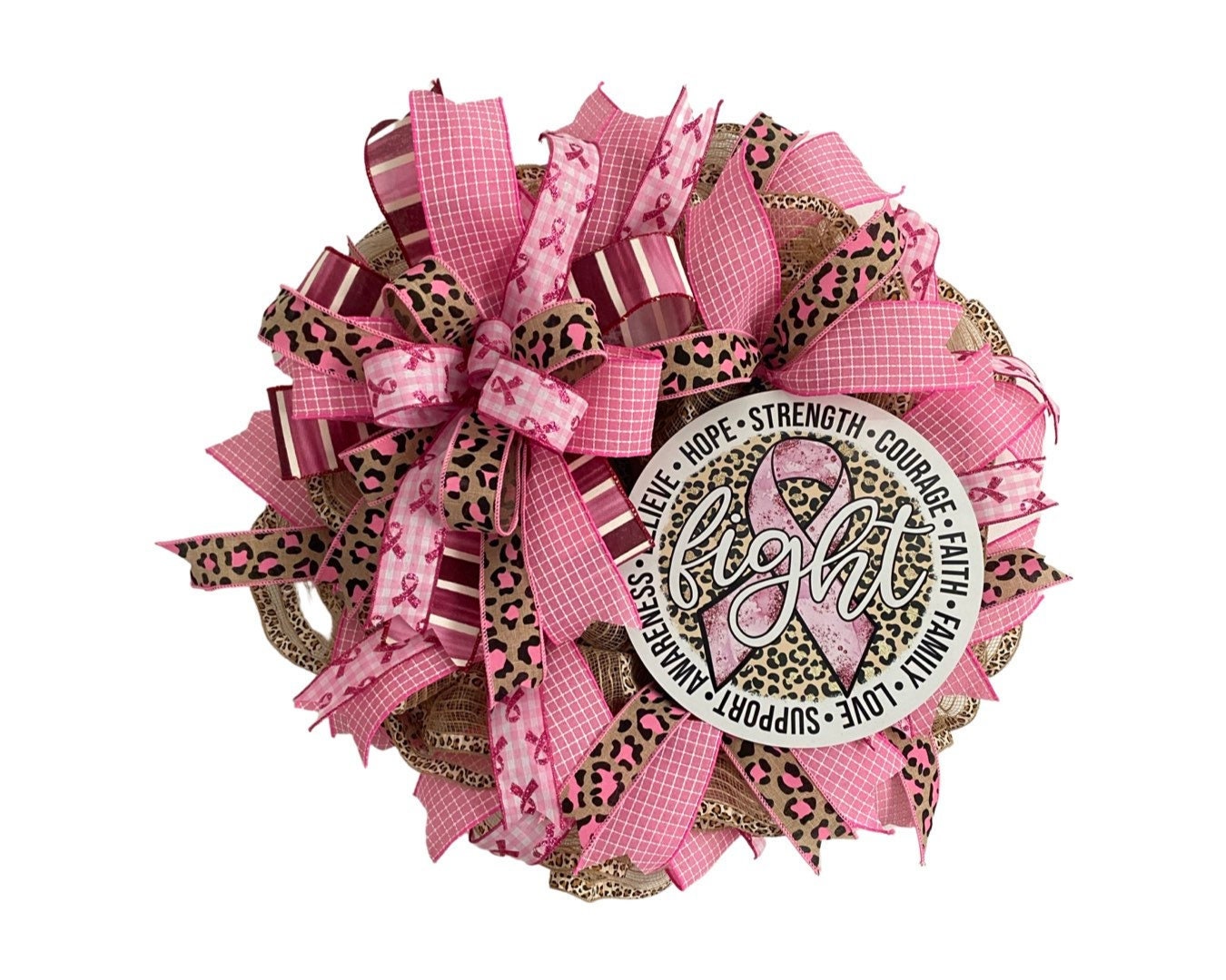 Breast Cancer Awareness Pink Wreath, Cancer Fighter Warrior Survivor Gift, Pink Cheetah Fight Cancer Hope Door Decor