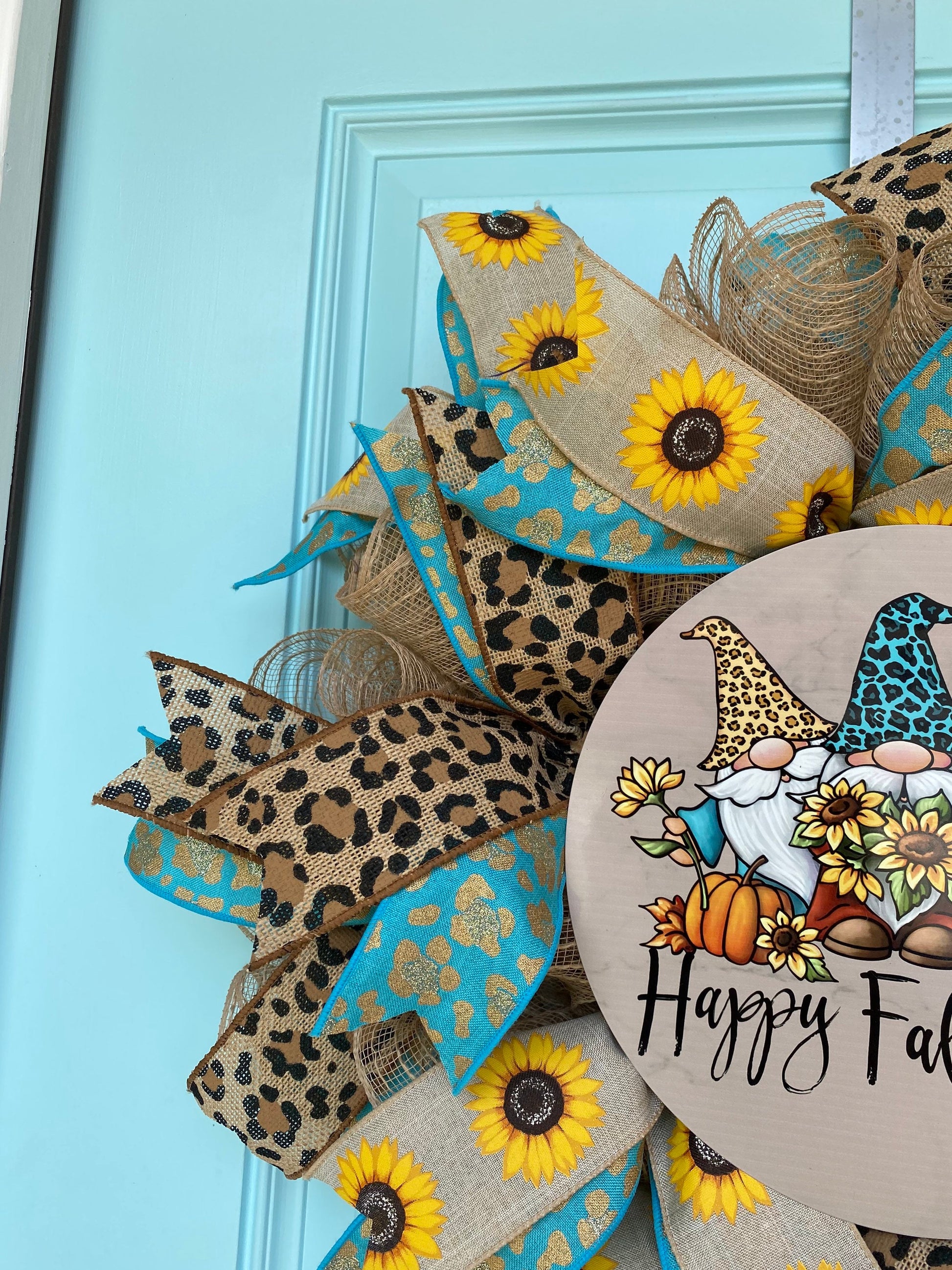 Fall Wreath for Front Door, Gnome Wreath, Fall Leopard Wreath, Autumn Sunflower Wreath, Happy Fall Y'all, Teal Aqua Outdoor Decoration