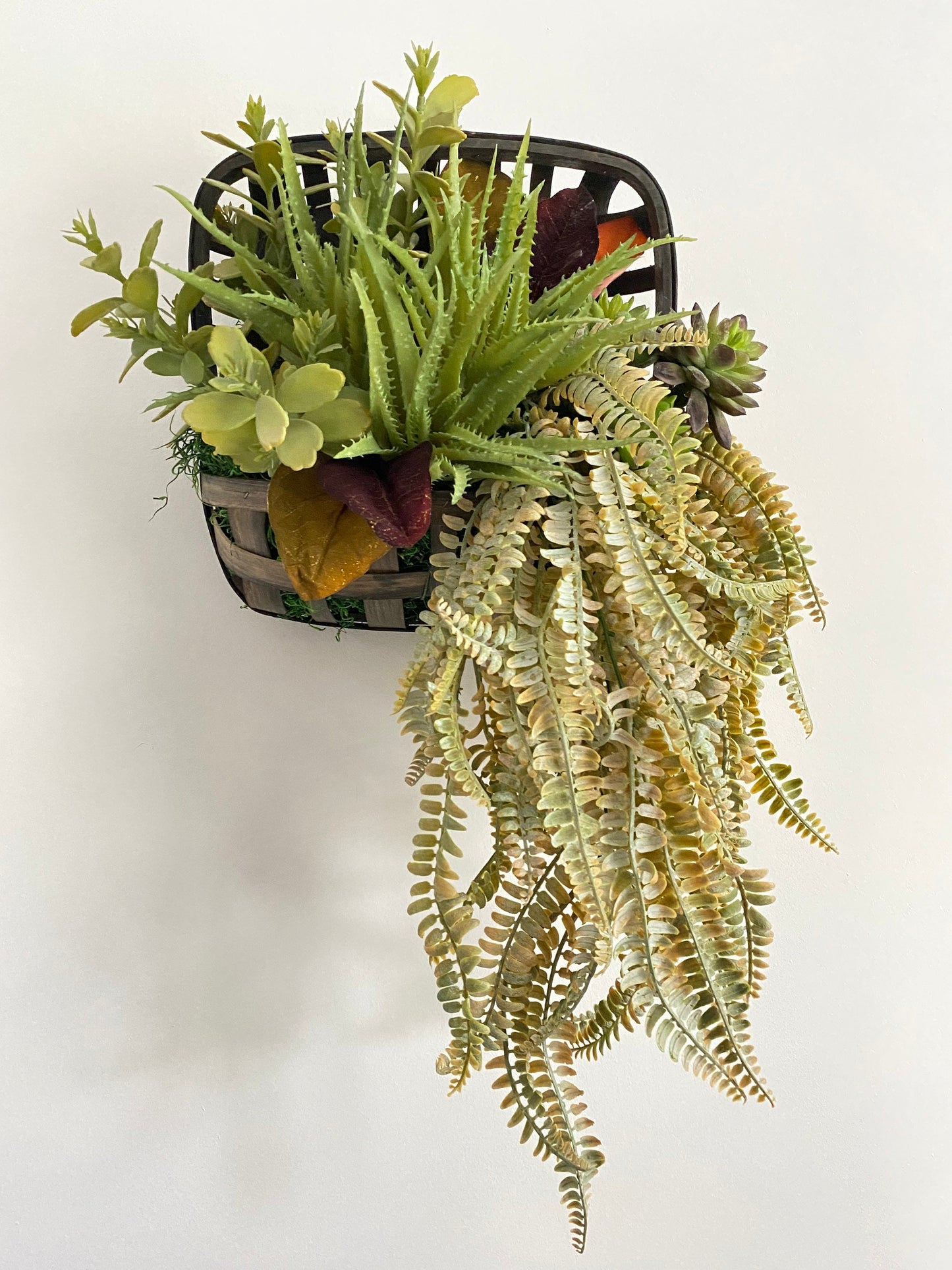 Tobacco Basket Wall Planter with Faux Succulents, Hanging Succulent Wall Garden, Succulent Wreath, Hanging Wall Decor, Succulent Arrangement