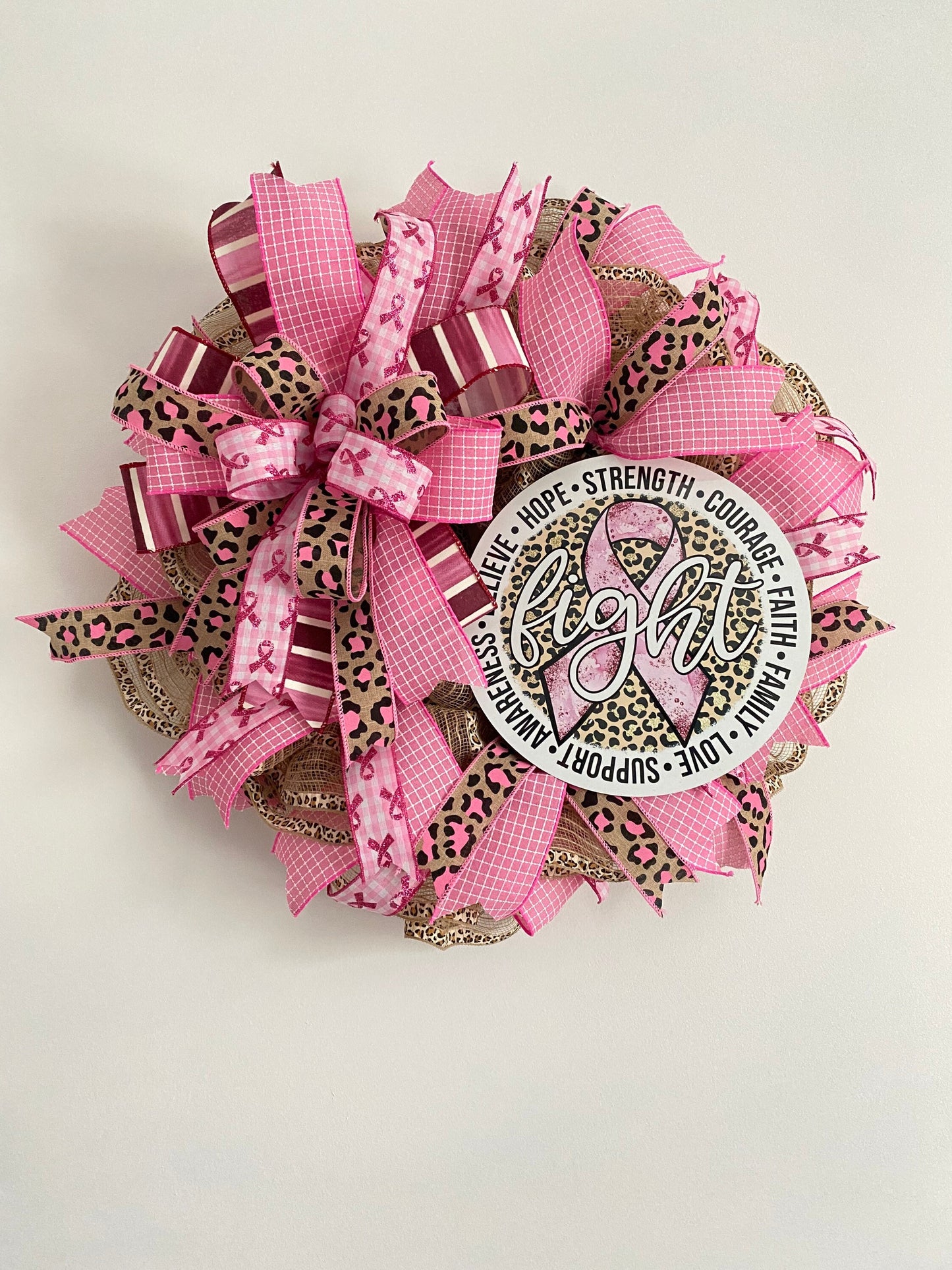 Breast Cancer Awareness Pink Wreath, Cancer Fighter Warrior Survivor Gift, Pink Cheetah Fight Cancer Hope Door Decor