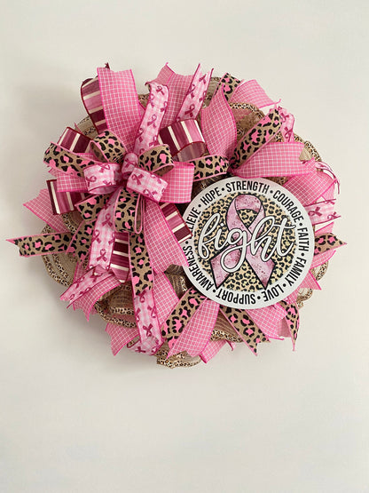 Breast Cancer Awareness Pink Wreath, Cancer Fighter Warrior Survivor Gift, Pink Cheetah Fight Cancer Hope Door Decor