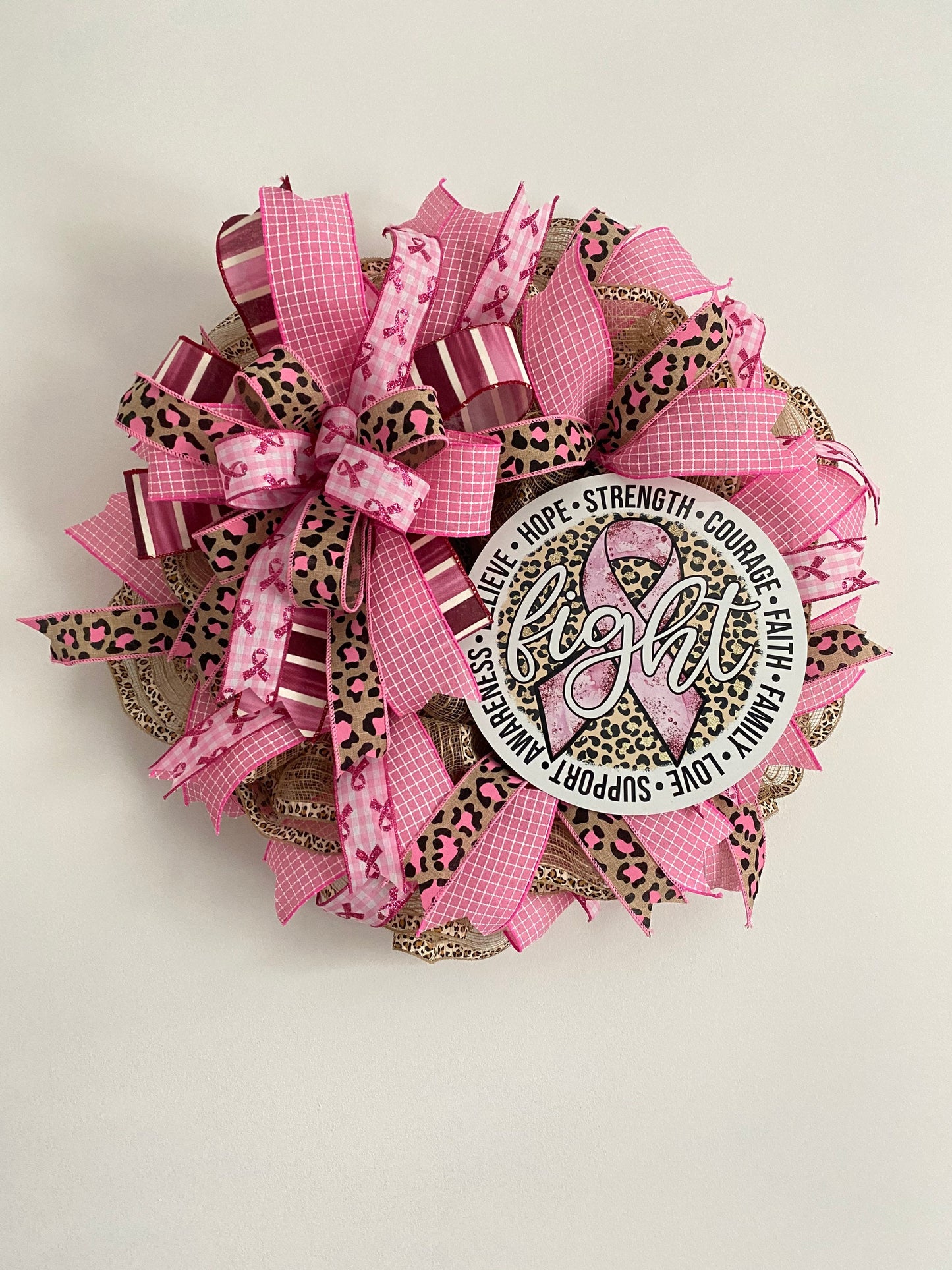 Breast Cancer Awareness Pink Wreath, Cancer Fighter Warrior Survivor Gift, Pink Cheetah Fight Cancer Hope Door Decor