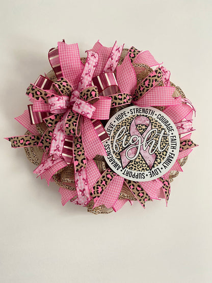 Breast Cancer Awareness Pink Wreath, Cancer Fighter Warrior Survivor Gift, Pink Cheetah Fight Cancer Hope Door Decor